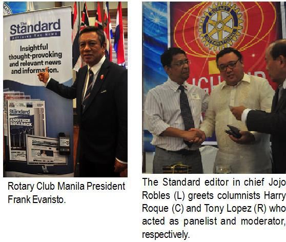 Rotary Club Manila President Frank Evaristo. The Standard editor in chief Jojo Robles (L) greets columnists Harry Roque (C) and Tony Lopez (R) who acted as panelist and moderator, respectively.