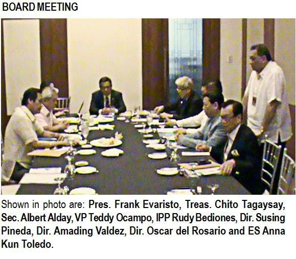 Shown in photo are: Pres. Frank Evaristo, Treas. Chito Tagaysay, Sec. Albert Alday, VP Teddy Ocampo, IPP Rudy Bediones, Dir. Susing Pineda, Dir. Amading Valdez, Dir. Oscar del Rosario and ES Anna Kun Toledo.