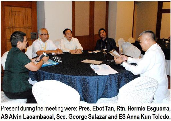 Present during the meeting were: Pres. Ebot Tan, Rtn. Hermie Esguerra, AS Alvin Lacambacal, Sec. George Salazar and ES Anna Kun Toledo.