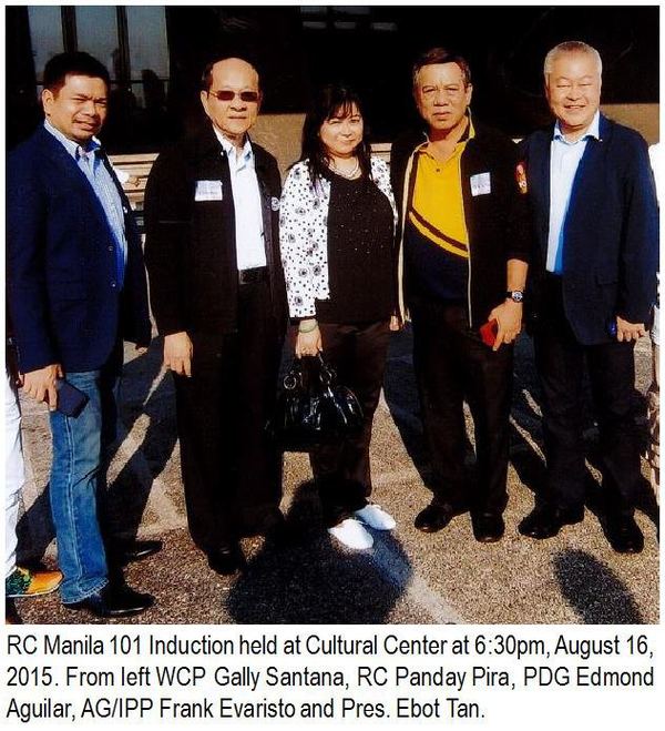 RC Manila 101 Induction held at Cultural Center at 6:30pm, August 16, 2015. From left WCP Gally Santana, RC Panday Pira, PDG Edmond Aguilar, AG/IPP Frank Evaristo and Pres. Ebot Tan.