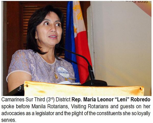 Camarines Sur Third (3) District Rep. Maria Leonor "Leni" Robredo spoke before Manila Rotarians, Visiting Rotarians and guests on her advocacies as a legislator and the plight of the constituents she so loyally serves.
