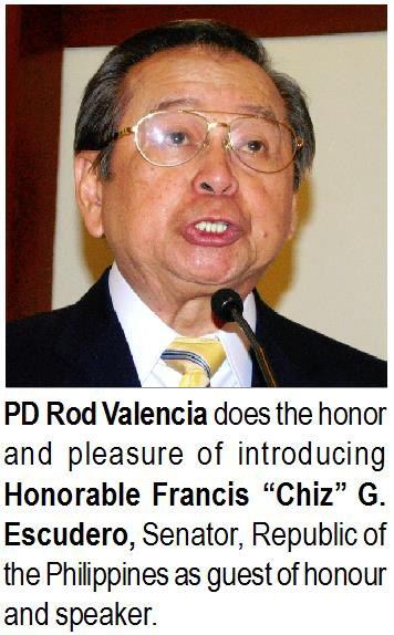 PD Rod Valencia does the honor and pleasure of introducing Honorable Francis "Chiz" G. Escudero, Senator, Republic of the Philippines as guest of honour and speaker.