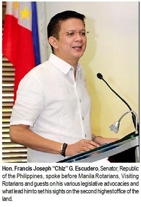 Hon. Francis Joseph "Chiz" G. Escudero, Senator, Republic of the Philippines, spoke before Manila Rotarians, Visiting Rotarians and guests on his various legislative advocacies and what lead him to set his sights on the second highest office of the land