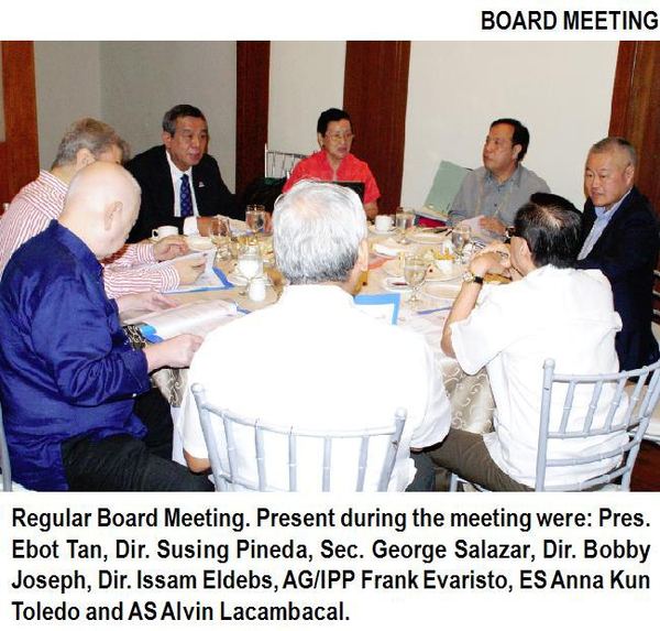 Regular Board Meeting. Present during the meeting were: Pres. Ebot Tan, Dir. Susing Pineda, Sec. George Salazar, Dir. Bobby Joseph, Dir. Issam Eldebs, AG/IPP Frank Evaristo, ES Anna Kun Toledo and AS Alvin Lacambacal.