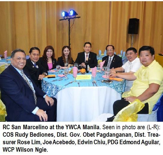 RC San Marcelino at the YWCA Manila. Seen in photo are (L-R) COS Rudy Bediones, Dist. Gov. Obet Pagdanganan, Dist. Treasurer Rose Lim, Joe Acebedo, Edwin Chiu, PDG Edmond Aguilar, WCP Wilson Ngie.
