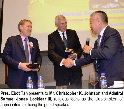 Pres. Ebot Tan presents to Mr. Christopher K. Johnson and Admiral Samuel Jones Locklear III, religious icons as the club's token of appreciation for being the guest speakers