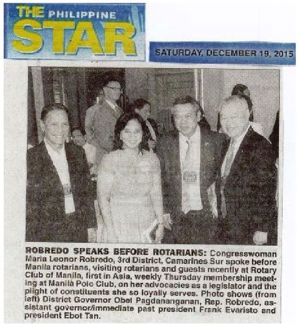 ROBREDO SPEAKS BEFORE ROTARIANS: Congresswoman Maria Leonor Robredo, 3rd District, Camarines Sur spoke before Manila rotarians, visiting rotarians and guests recently at Rotary Club of Manila, first in Asia, weekly Thursday membership meeting at Manila Polo Club, on her advocacies as a legislator and the plight of constituents she so loyally serves. Photo shows (from left) District Governor Obet Pagdanganan, Rep. Robredo, assistant governor/immediate past president Frank Evaristo and president Ebot Tan.