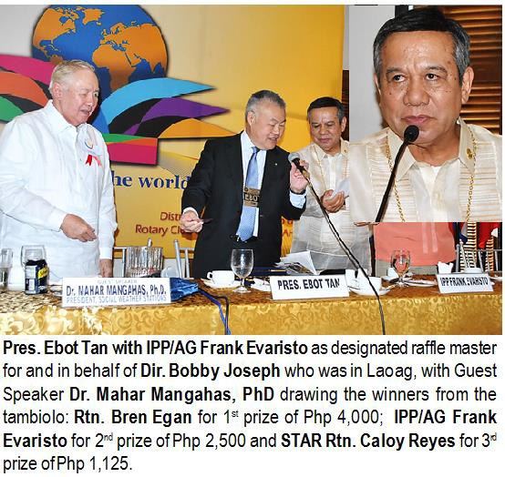 Pres. Ebot Tan with IPP/AG Frank Evaristo as designated raffle master for and in behalf of Dir. Bobby Joseph who was in Laoag, with Guest Speaker Dr. Mahar Mangahas, PhD drawing the winners from the tambiolo: Rtn. Bren Egan for 1st prize of Php 4,000; IPP/AG Frank Evaristo for 2nd prize of Php 2,500 and STAR Rtn. Caloy Reyes for 3rd prize of Php 1,125.