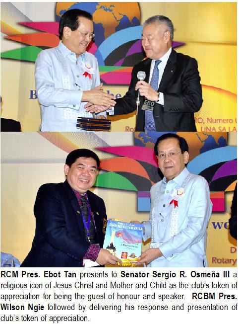 RCM Pres. Ebot Tan presents to Senator Sergio R. Osmeña III a religious icon of Jesus Christ and Mother and Child as the club's token of appreciation for being the guest of honour and speaker. RCBM Pres. Wilson Ngie followed by delivering his response and presentation of club's token of appreciation.