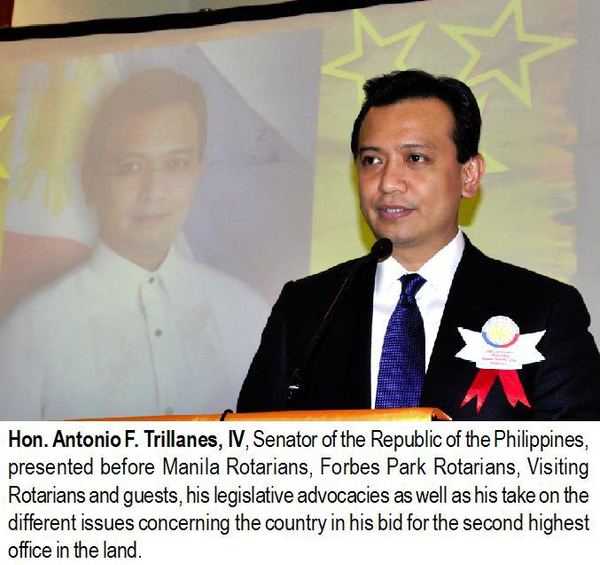 Hon. Antonio Trillanes, IV, Senator of the Republic of the Philippines, presented before Manila Rotarians, Forbes Park Rotarians, Visiting Rotarians and guests, his legislative advocacies as well as his take on the different issues concerning the country in his bid for the second highest office in the land.