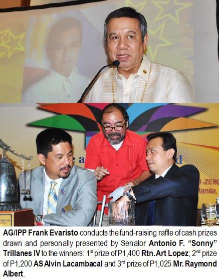 AAG/IPP Frank Evaristo conducts the fund-raising raffle of cash prizes drawn and personally presented by Senator Antonio F. "Sonny" Trillanes IV to the winners: 1st prize of P1,400 Rtn. Art Lopez; 2nd prize of P1,200 AS Alvin Lacambacal and 3rd prize of P1,025 Mr. Raymond Albert.