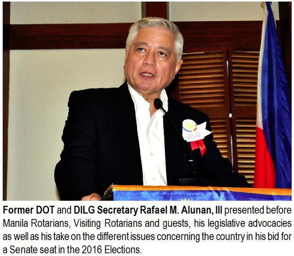 Former DOT and DILG Secretary Rafael M. Alunan, III presented before Manila Rotarians, Visiting Rotarians and guests, his legislative advocacies as well as his take on the different issues concerning the country in his bid for a Senate seat in the 2016 Elections.