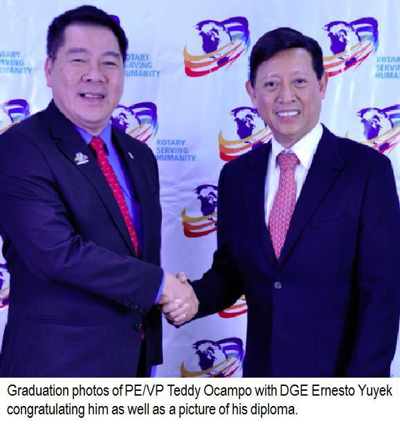 Graduation photos of PE/VP Teddy Ocampo with DGE Ernesto Yuyek congratulating him as well as a picture of his diploma