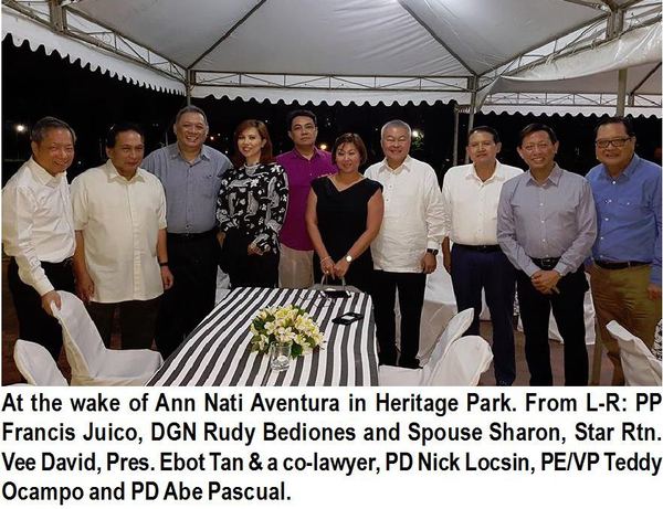 At the wake of Ann Nati Aventura in Heritage Park. From L-R: PP Francis Juico, DGN Rudy Bediones and Spouse Sharon, Star Rtn. Vee David, Pres. Ebot Tan & a co-lawyer, PD Nick Locsin, PE/VP Teddy Ocampo and PD Abe Pascual.