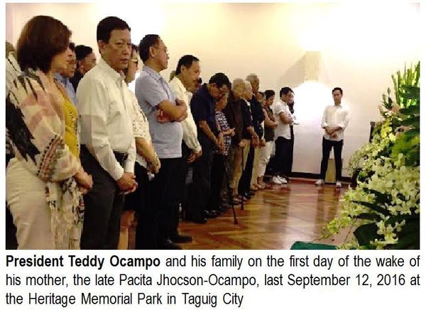 President Teddy Ocampo and his family on the first day of the wake of his mother, the late Pacita Jhocson-Ocampo, last September 12, 2016 at the Heritage Memorial Park in Taguig City