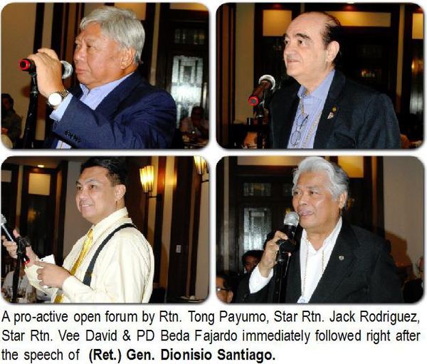 A pro-active open forum by Rtn. Tong Payumo, Star Rtn. Jack Rodriguez, Star Rtn. Vee David & PD Beda Fajardo immediately followed right after the speech of (Ret.) Gen. Dionisio Santiago.