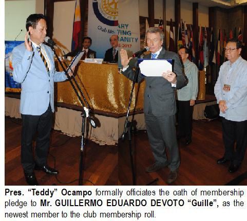 Pres. "Teddy" Ocampo formally officiates the oath of membership pledge to Mr. GUILLERMO EDUARDO DEVOTO "Guille", as the newest member to the club membership roll