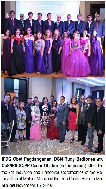 IPDG Obet Pagdanganan, DGN Rudy Bediones and CoS Cesar Ubaldo (not in picture) attended the 7th Induction and Handover Ceremonies of the Rotary Club of Mabini Manila at the Pan Pacific Hotel in Manila last November 15, 2016.