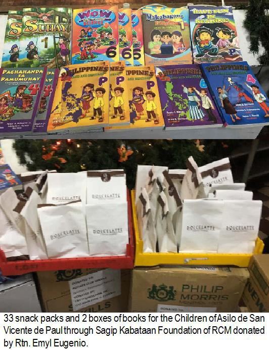 33 snack packs and 2 boxes of books for the Children of Asilo de San Vicente de Paul through Sagip Kabataan Foundation of RCM donated by Rtn. Emyl Eugenio.