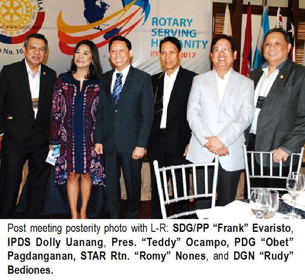 Post meeting posterity photo with L-R: SDG/PP "Frank" Evaristo, IPDS Dolly Uanang, Pres. "Teddy" Ocampo, PDG "Obet" Pagdanganan, STAR Rtn. "Romy" Nones, and DGN "Rudy" Bediones.