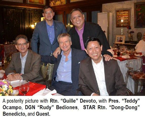 A posterity picture with Rtn. "Guille" Devoto, with Pres. "Teddy" Ocampo, DGN "Rudy" Bediones, STAR Rtn. "Dong-Dong" Benedicto, and Guest.
