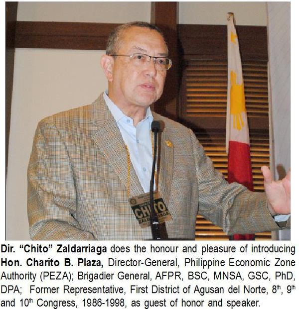 Dir. “Chito” Zaldarriaga does the honour and pleasure of introducing Hon. Charito B. Plaza, Director-General, Philippine Economic Zone Authority (PEZA); Brigadier General, AFPR, BSC, MNSA, GSC, PhD, DPA; Former Representative, First District of Agusan del Norte, 8th, 9th and 10th Congress, 1986-1998, as guest of honor and speaker.