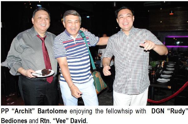 PP “Archit” Bartolome enjoying the fellowship with DGN “Rudy” Bediones and Rtn. “Vee” David.