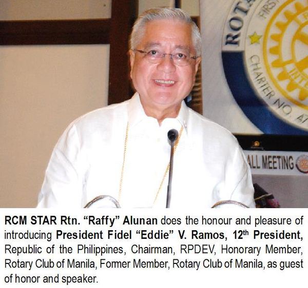 RCM STAR Rtn. “Raffy” Alunan does the honour and pleasure of introducing President Fidel “Eddie” V. Ramos, 12th President, Republic of the Philippines, Chairman, RPDEV, Honorary Member, Rotary Club of Manila, Former Member, Rotary Club of Manila, as guest of honor and speaker.