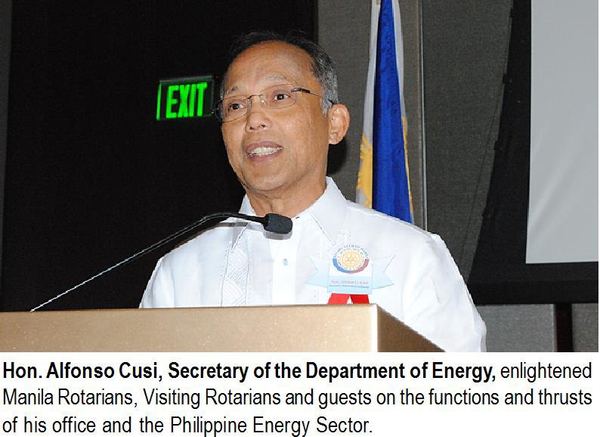 Hon. Alfonso Cusi, Secretary of the Department of Energy, enlightened Manila Rotarians, Visiting Rotarians and guests on the functions and thrusts of his office and the Philippine Energy Sector.