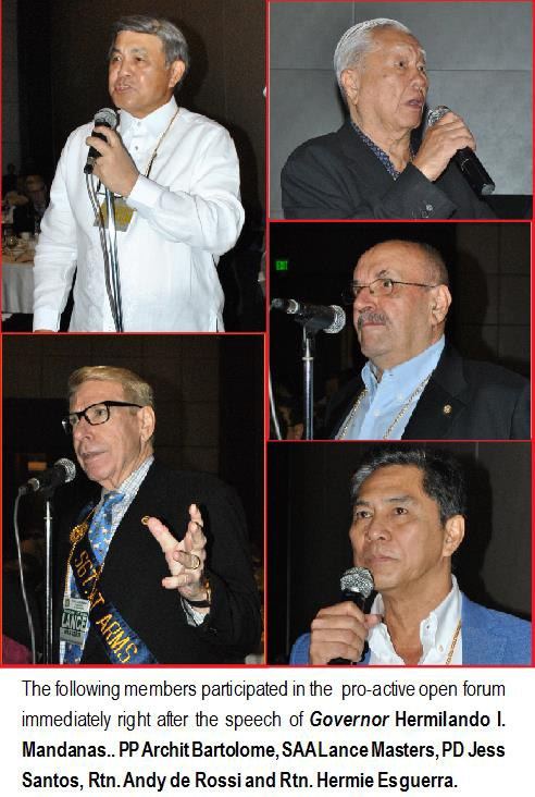 The following members participated in the pro-active open forum immediately right after the speech of Governor Hermilando I. Mandanas.. PP Archit Bartolome, SAA Lance Masters, PD Jess Santos, Rtn. Andy de Rossi and Rtn. Hermie Esguerra.
