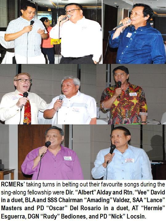 RCMERSs’ taking turns in belting out their favourite songs during the sing-along fellowship were Dir. “Albert” Alday and Rtn. “Vee” David in a duet, BLA and SSS Chairman “Amading” Valdez, SAA “Lance” Masters and PD “Oscar” Del Rosario in a duet, AT “Hermie” Esguerra, DGN “Rudy” Bediones, and PD “Nick” Locsin.