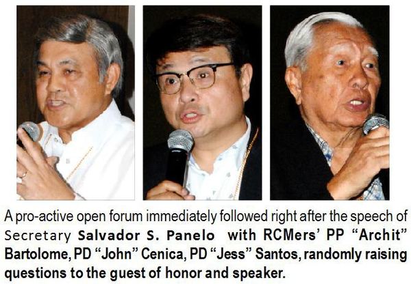 A pro-active open forum immediately followed right after the speech of Secretary Salvador S. Panelo with RCMers’ PP “Archit” Bartolome, PD “John” Cenica, PD “Jess” Santos, randomly raising questions to the guest of honor and speaker.