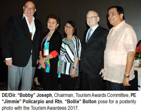 DE/Dir. “Bobby” Joseph, Chairman, Tourism Awards Committee, PE “Jimmie” Policarpio and Rtn. “Bollie” Bolton pose for a posterity photo with the Tourism Awardees 2017.