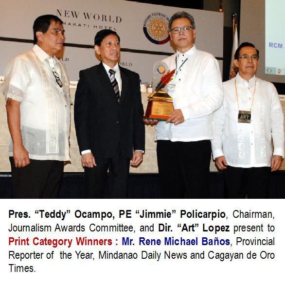 Pres. “Teddy” Ocampo, PE “Jimmie” Policarpio, Chairman, Journalism Awards Committee, and Dir. “Art” Lopez present to Print Category Winners : Mr. Rene Michael Bafios, Provincial Reporter of the Year, Mindanao Daily News and Cagayan de Oro Times.