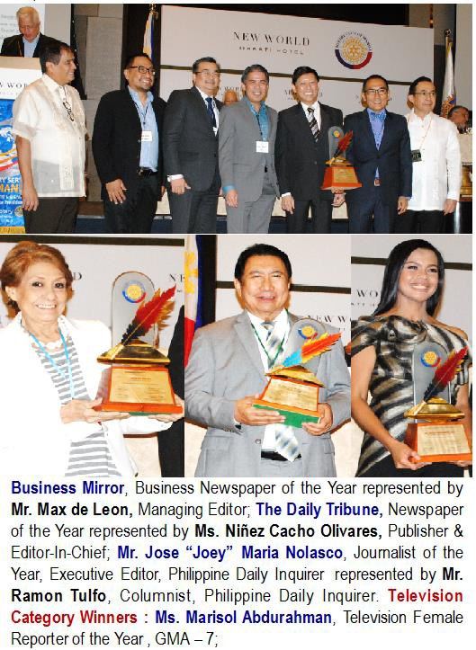 Business Mirror, Business Newspaper of the Year represented by Mr. Max de Leon, Managing Editor; The Daily Tribune, Newspaper of the Year represented by Ms. Nifiez Cacho Olivares, Publisher & Editor-In-Chief; Mr. Jose “Joey” Maria Nolasco, Journalist of the Year, Executive Editor, Philippine Daily Inquirer represented by Mr. Ramon Tulfo, Columnist, Philippine Daily Inquirer. Television Category Winners : Ms. Marisol Abdurahman, Television Female Reporter of the Year, GMA -7;