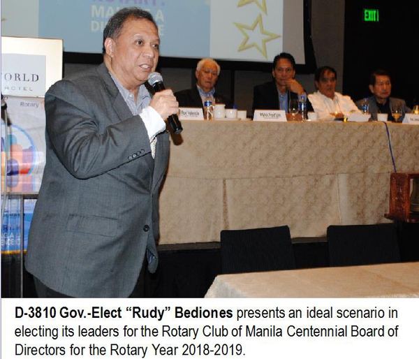 D-3810 Gov.-Elect "Rudy" Bediones presents an ideal scenario in electing its leaders for the Rotary Club of Manila Centennial Board of Directors for the Rotary Year 2018-2019.
