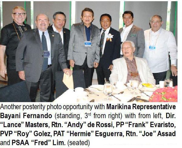 Another posterity photo opportunity with Marikina Representative Bayani Fernando (standing, 3rd from right) with from left, Dir. "Lance" Masters, Rtn. "Andy" de Rossi, PP "Frank" Evaristo, PVP "Roy" Golez, PAT "Hermie" Esguerra, Rtn. "Joe" Assad and PSAA "Fred" Lim. (seated)