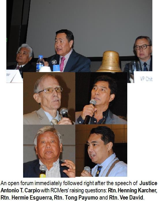 An open forum immediately followed right after the speech of Justice Antonio T. Carpio with RCMers' raising questions: Rtn. Henning Karcher, Rtn. Hermie Esguerra, Rtn. Tong Payumo and Rtn. Vee David.