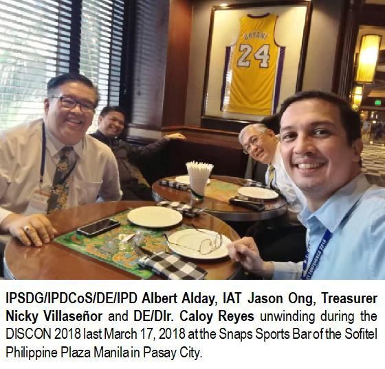 IPSDG/IPDCoS/DE/IPD Albert Alday, IAT Jason Ong, Treasurer Nicky Villaseñor and DE/Dir. Caloy Reyes unwinding during the DISCON 2018 last March 17, 2018 at the Snaps Sports Bar of the Sofitel Philippine Plaza Manila in Pasay City.