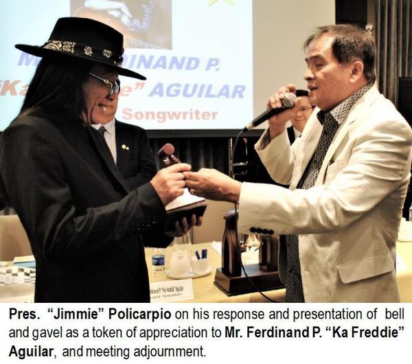 Pres. “Jimmie” Policarpio on his response and presentation of bell and gavel as a token of appreciation to Mr. Ferdinand P. “Ka Freddie” Aguilar, and meeting adjournment.