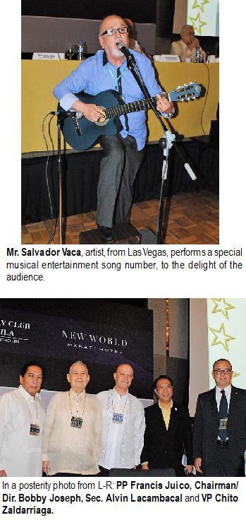 Mr. Salvador Vaca, artist from Las Vegas, performs a special musical entertainment song number, to the delight of the audience. In a posterity photo from L-R: PP Francis Juico, Chairman Dir. Bobby Joseph, Sec. Alvin Lacambacal and VP Chito Zaldarriaga.