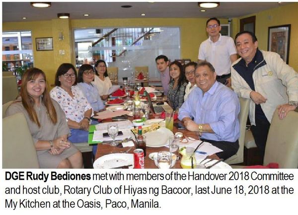 DGE Rudy Bediones met with members of the Handover 2018 Committee and host club, Rotary Club of Hiyas ng Bacoor, last June 18, 2018 at the My Kitchen at the Oasis, Paco, Manila.