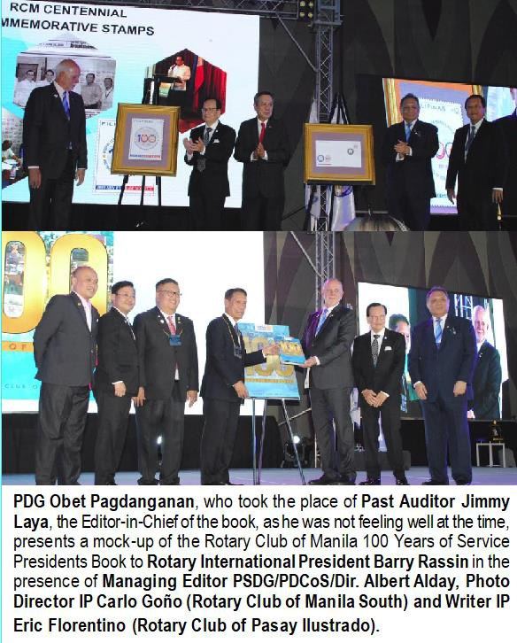 PDG Obet Pagdanganan, who took the place of Past Auditor Jimmy Laya, the Editor-in-Chief of the book, as he was not feeling well at the time, presents a mock-up of the Rotary Club of Manila 100 Years of Service Presidents Book to Rotary International President Barry Rassin in the presence of Managing Editor PSDG/PDCoS/Dir. Albert Alday, Photo Director IP Carlo Goiio (Rotary Club of Manila South) and Writer IP Eric Florentino (Rotary Club of Pasay Ilustrado).