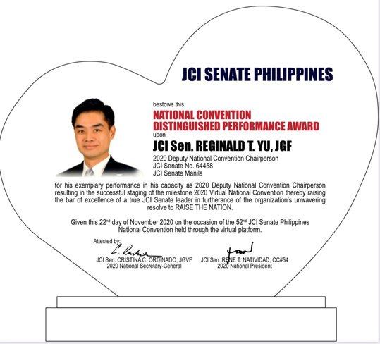 Club Secretary Reginald Yu Bestowed the National Convention Distinguished Performance Award by JCI Senate Philippines