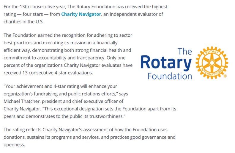 Rotary Foundation Receives Highest Rating from Charity Navigator for 13th Consecutive Year