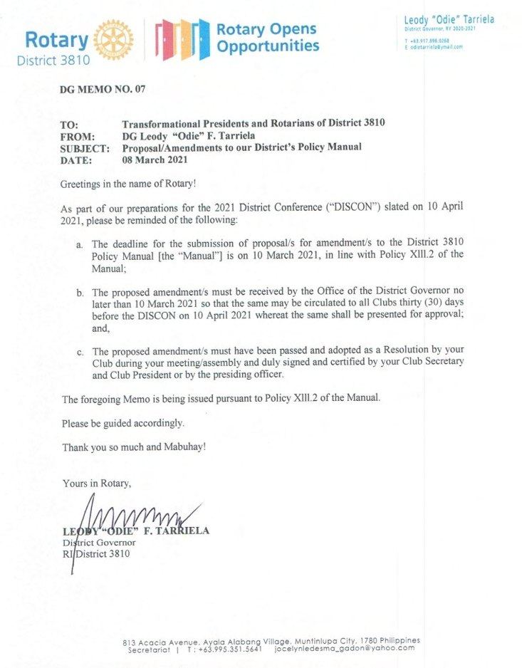 Call for Proposal/Amendments to District 3810 Policy Manual