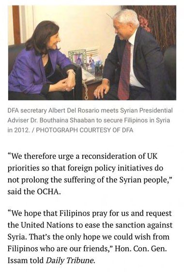 DFA secretary Albert Del Rosario meets Syrian Presidential Adviser Dr. Bouthaina Shaaban to secure Filipinos in Syria in 2012. Photograph courtesy of DFA
