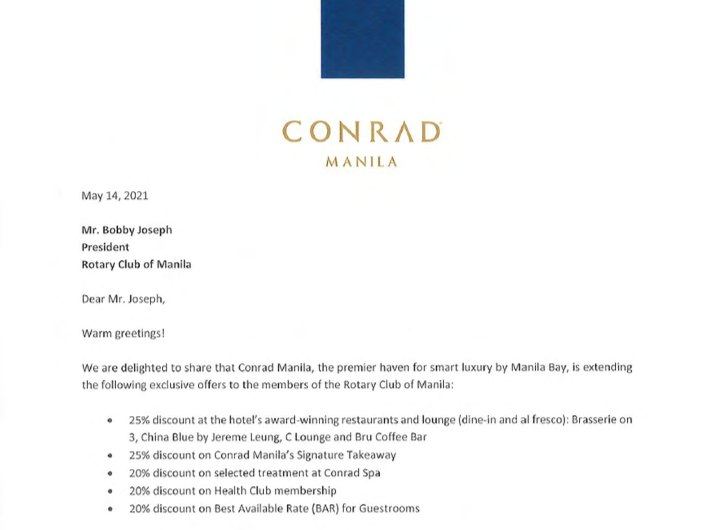Conrad Manila Privilege to Members of the Rotary Club of Manila