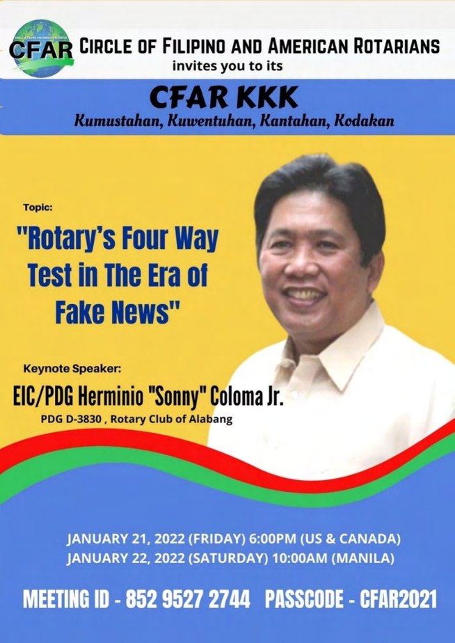 Circle of Filipino and American Rotarians Hold CFAR KKK (Kumustahan, Kuwentuhan, Kantahan, Kodakan) on “Rotary’s Four Way Test in the Era of Fake News”
