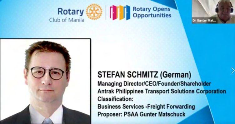 STAR Rtn. Stefan Schmitz was inducted member of the Rotary Club of Manila on June 3, 2021.